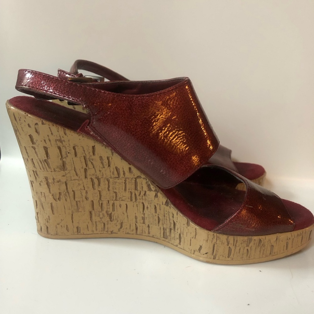 Aerosoles platforms in burgundy patent faux leather.